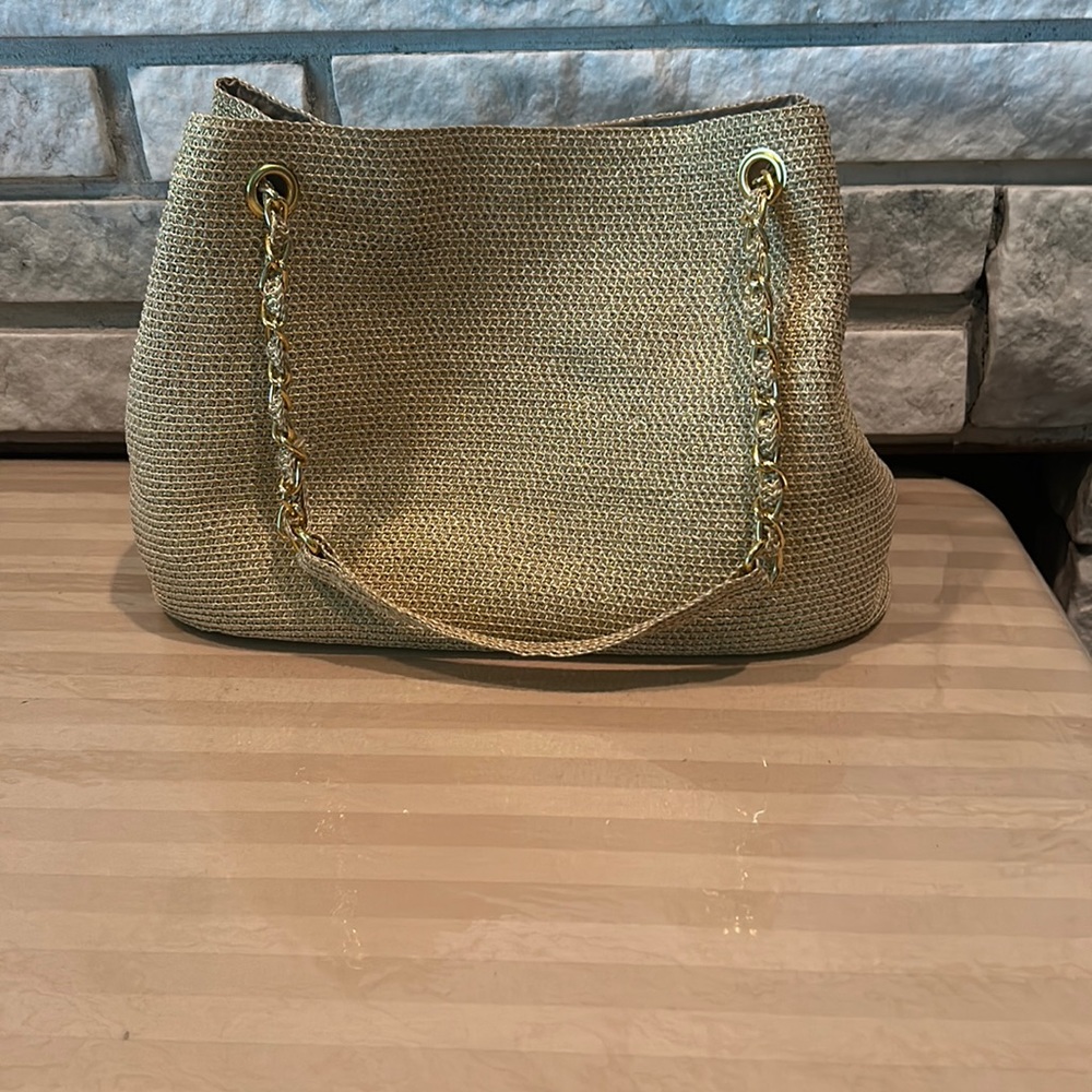 Straw satchel bag with gold threading